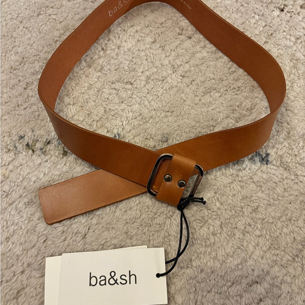 ba&sh Camel Color Leather Belt with Wide Strap and Simple Buckle
